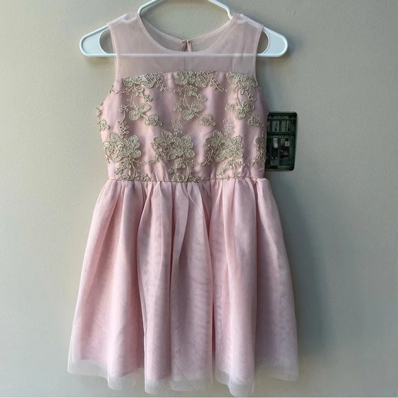 NWT THE CHILDREN’S PLACE Girls Embroidered Lace Dress Gold Beading Pink - Picture 5 of 8